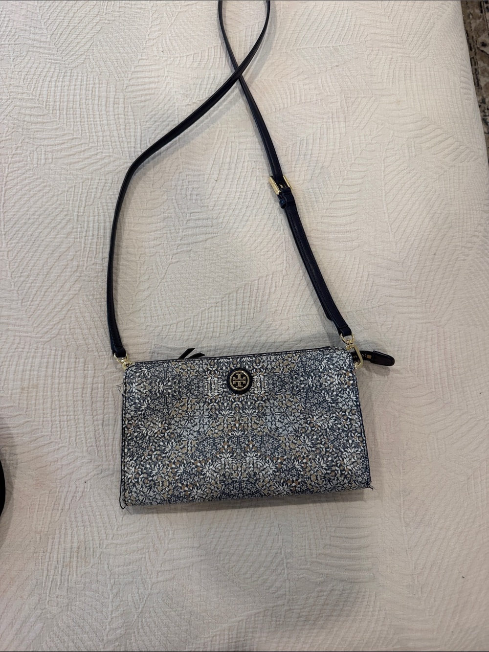 Tory Burch Navy and White Floral Leather Crossbody with Gold Logo